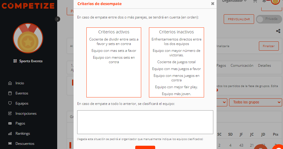 Criterios de desempate en deportes a sets, clasificaciones de torneos o liga