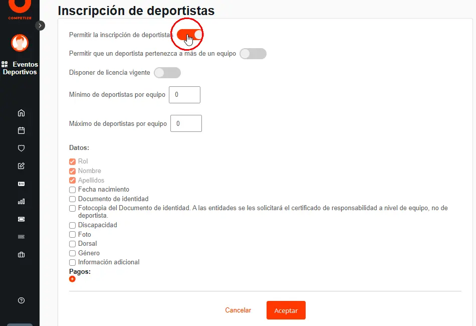 Abrir la inscripción de jugadores y entrenadores en equipos en un torneo o liga