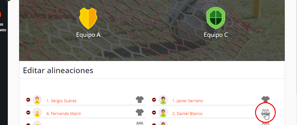 Alineación de jugadores y plantilla del equipo en un partido