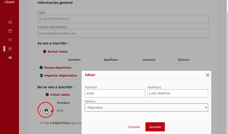 Añadir un deportista al formulario de inscripción en una competición