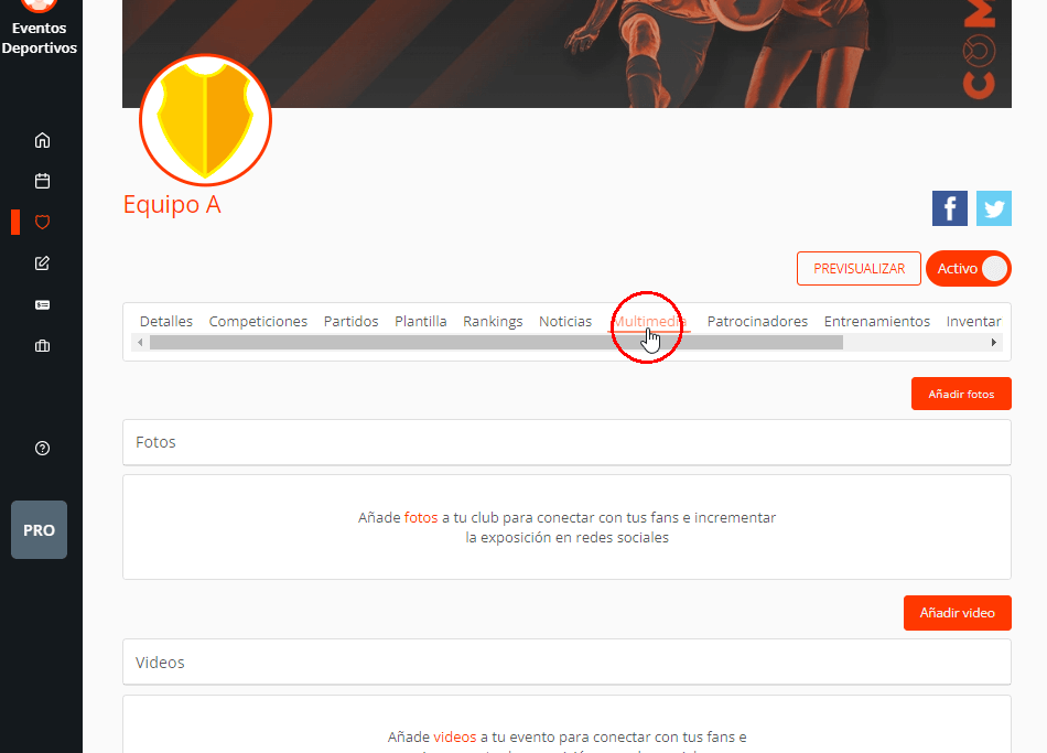 Añadir fotos y videos a torneos, equipos y partidos
