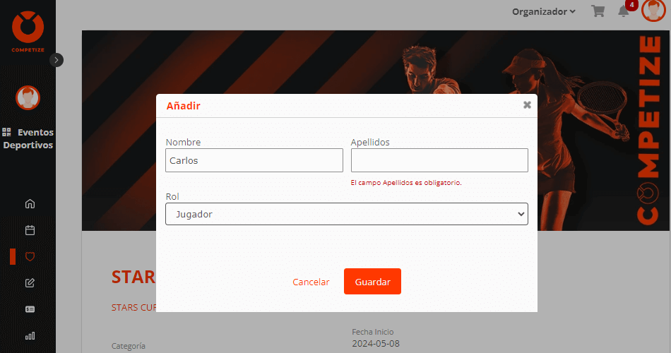Añadir jugadores a competiciones completar nombre y rol