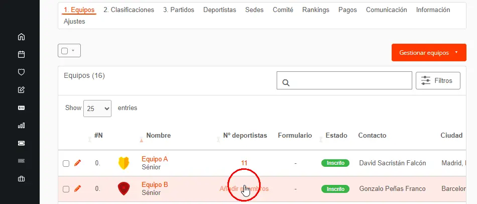 Añadir jugadores en equipos en competiciones deportivas