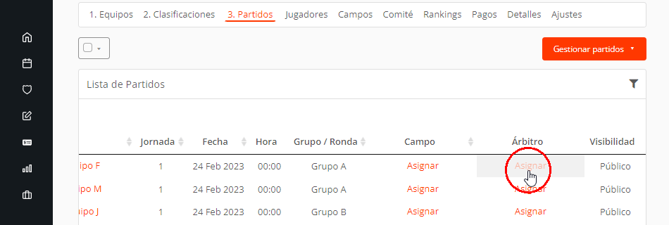 Asignar árbitros a partidos de un torneo o liga