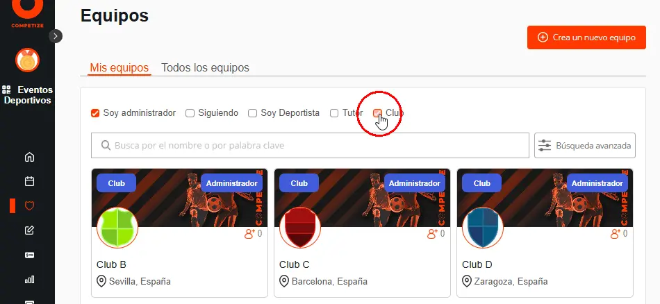 Buscar y crear equipos y clubes deportivos