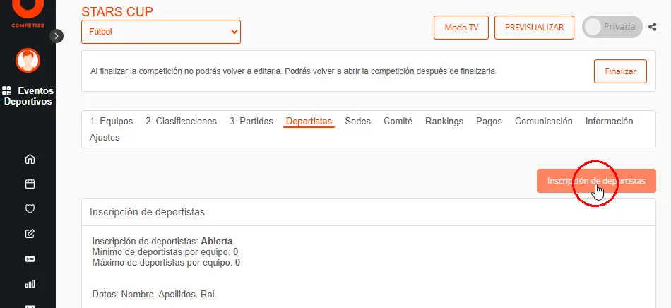 Configurar la inscripción de deportistas en equipos en un torneo o liga