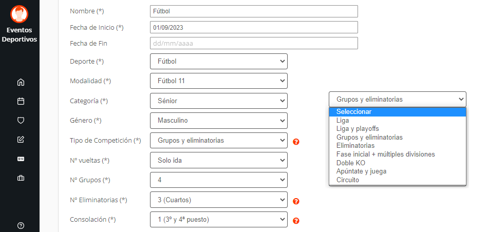 Crear todos los tipos de competición y sistemas de juego