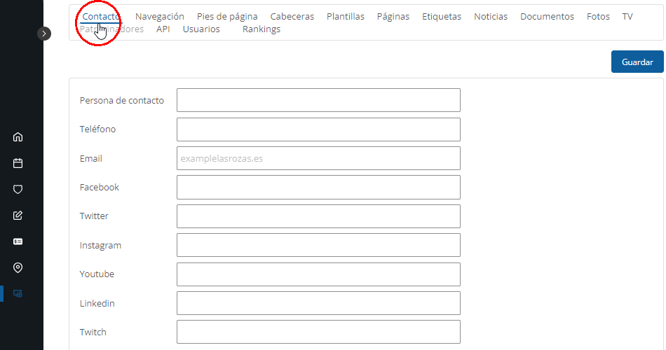 Datos de contacto de la página web para torneos y ligas