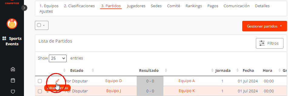 Editar cruces o cuadro de torneo