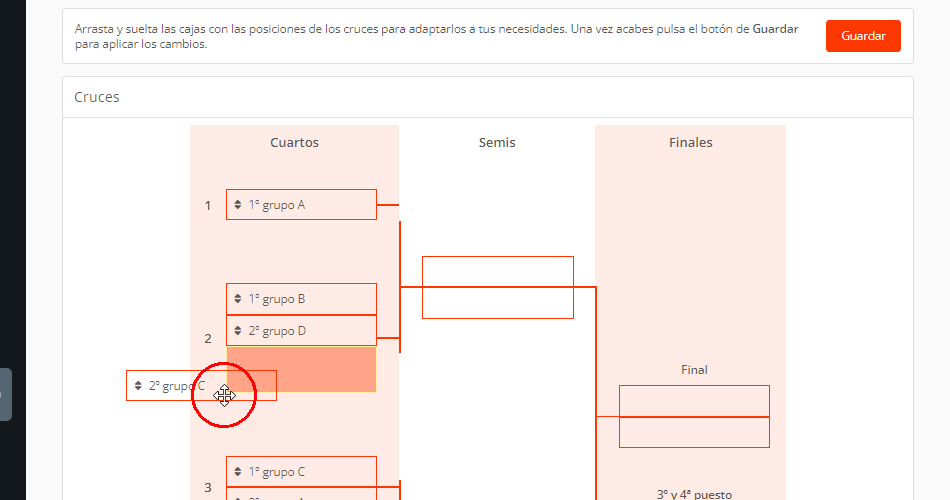 Editar cruces y emparejamientos de equipos en eliminatorias