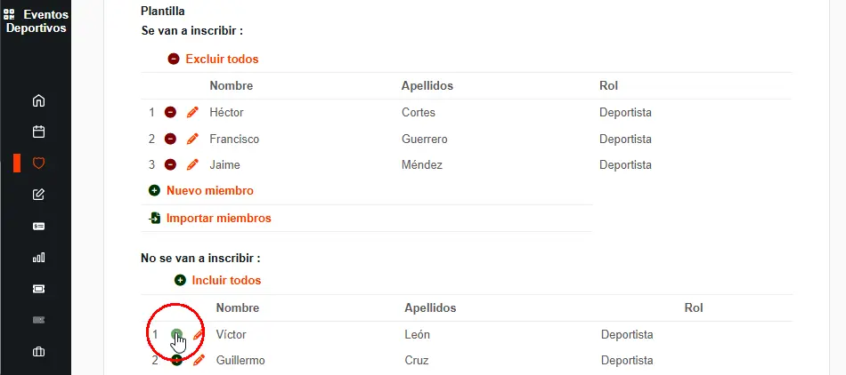Excluir o añadir deportistas en equipos en competiciones