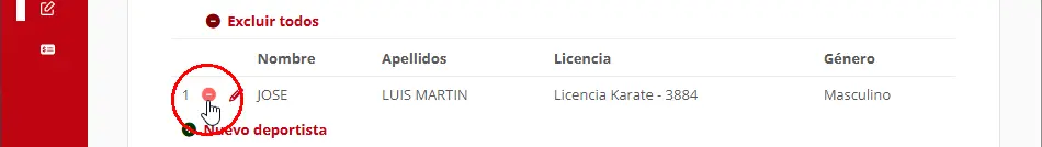 Excluir a un deportista del formulario de inscripción en una competición