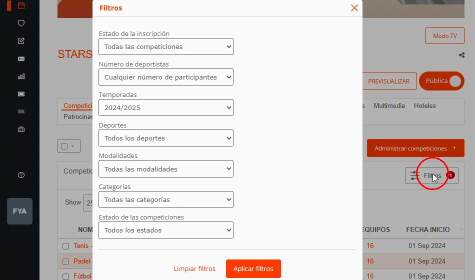 Filtrar competiciones de fútbol, pádel, eSports
