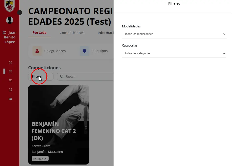 Filtrar competiciones individuales por modalidad y categoría