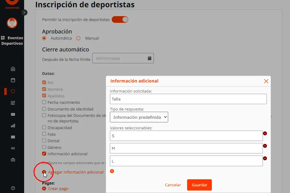 Formulario de registro público de jugadores en equipos