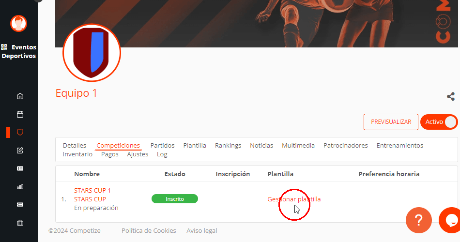 Gestionar plantilla de competiciones en eventos