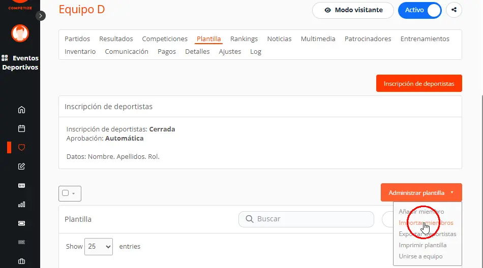 Importar deportistas a la plantilla de un equipo con Excel