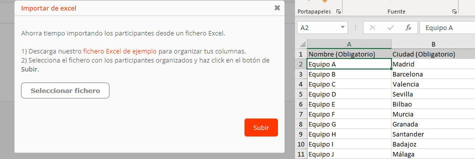 Importar equipos al torneo, liga desde Excel