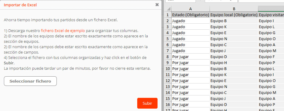 Importar partidos de un torneo o liga desde Excel