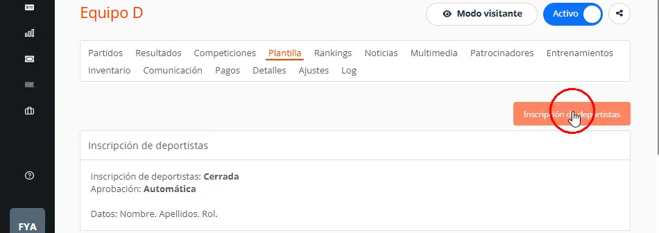 Inscripción de deportistas en equipos y plantilla de jugadores
