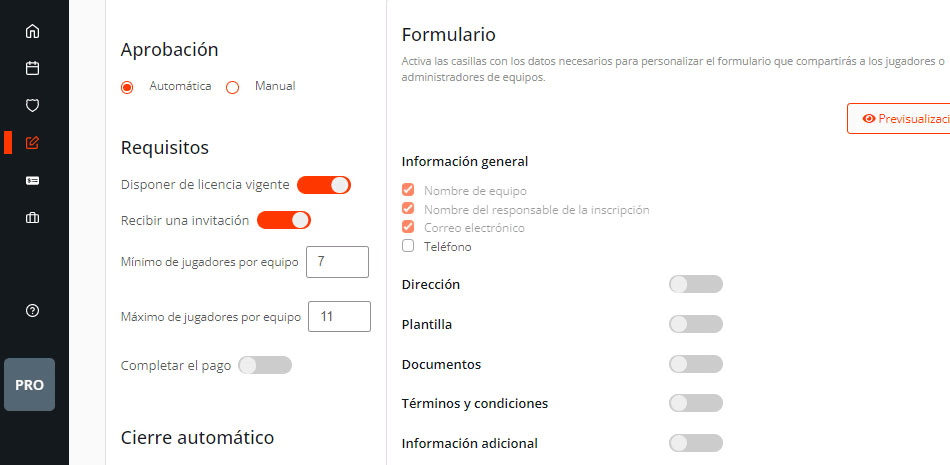 Inscripciones online al crear torneos, ligas y campeonatos