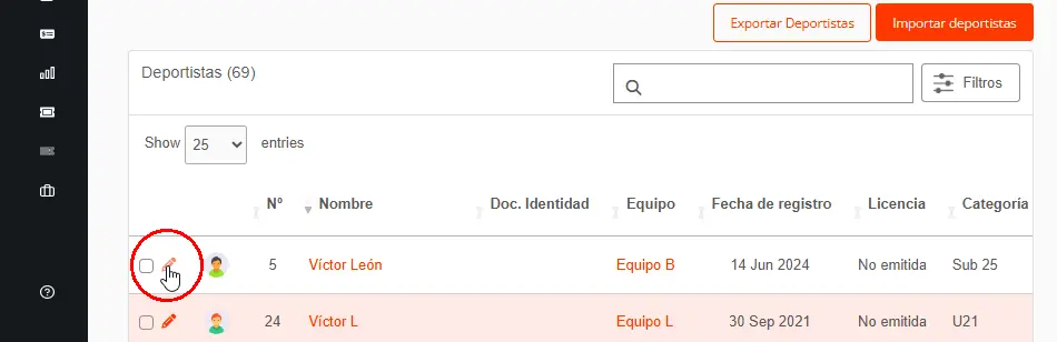 Listado de jugadores y entrenadores en equipos de un torneo o liga