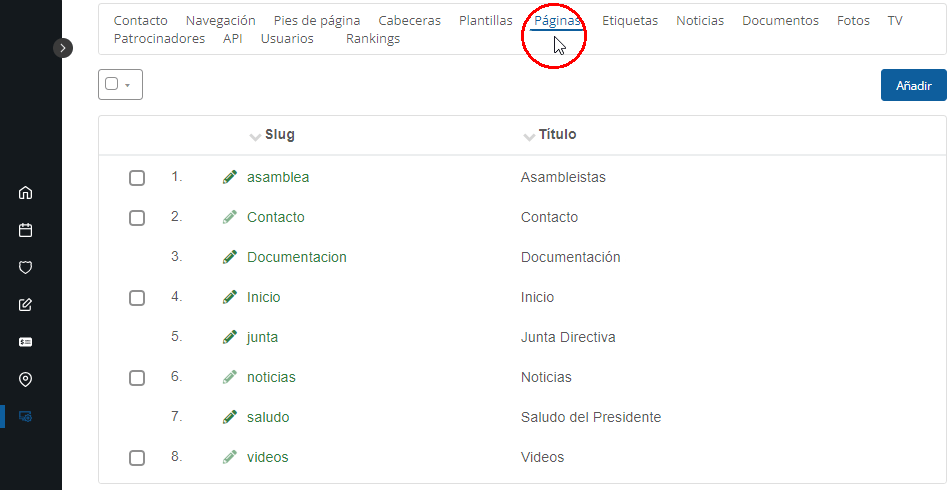 Páginas en el sitio web para torneos y ligas