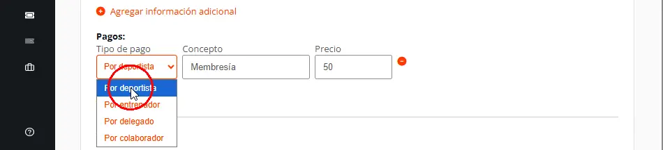 Pagos en el formulario de inscripción de jugadores en equipos