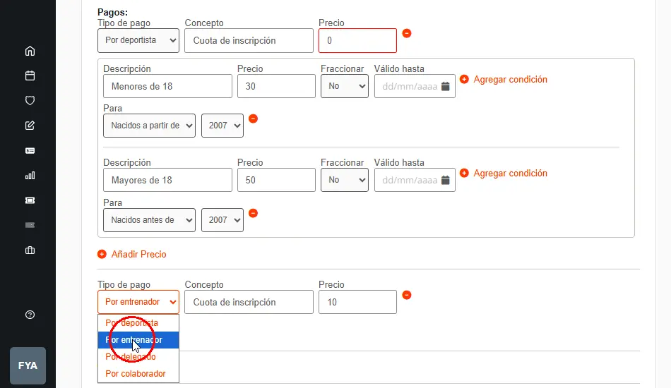 Pagos por inscripción de deportistas en equipos en un torneo o liga