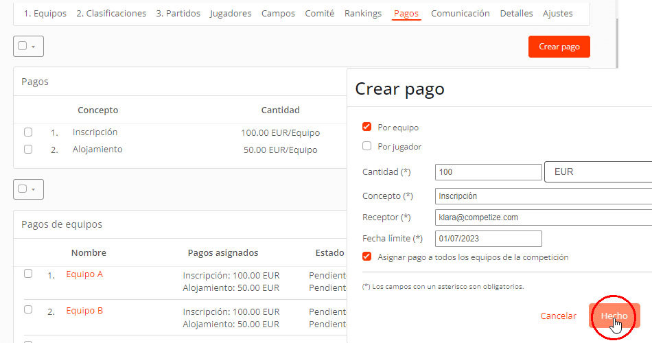 Pagos online para cuotas de inscripción del torneo