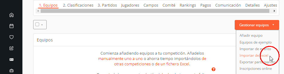 Plantilla Excel para importar equipos al torneo, liga