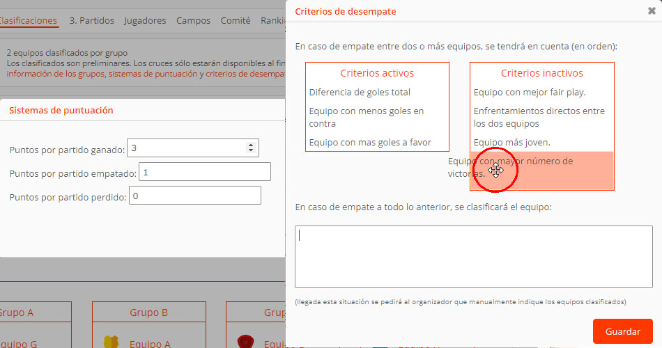 Puntuación, ascenso, descenso, criterios de desempate