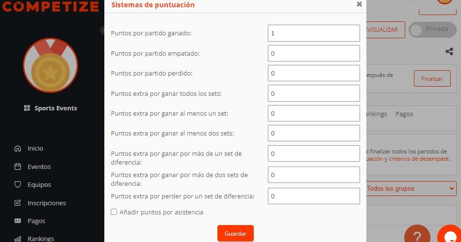 Puntuación en deportes a sets, partido ganado, empatado o perdido, clasificaciones