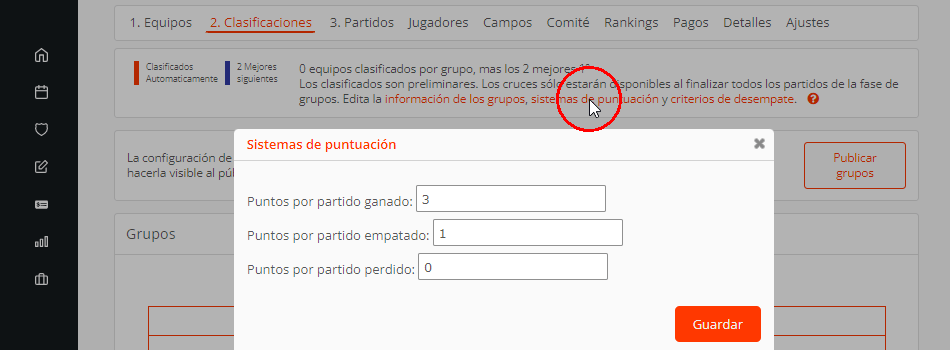 Puntuación para las posiciones en una tabla de clasificación de un torneo o liga