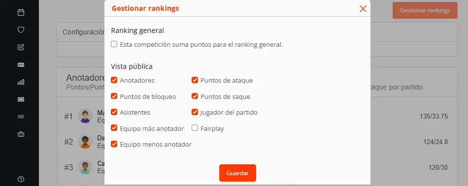Rankings de jugadores y equipos en un torneo de voleibol