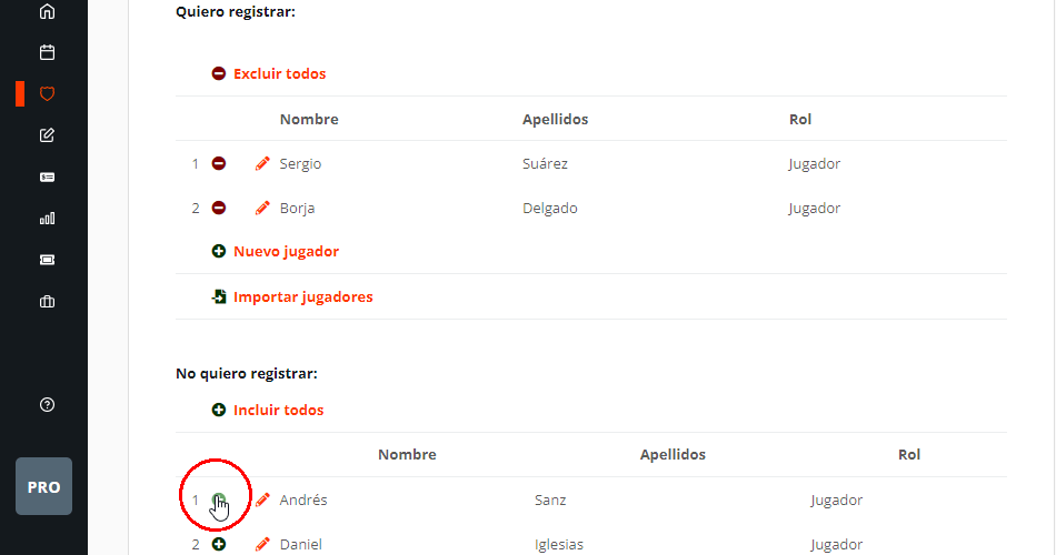 Registrar jugadores en la inscripción de un equipo en una competición