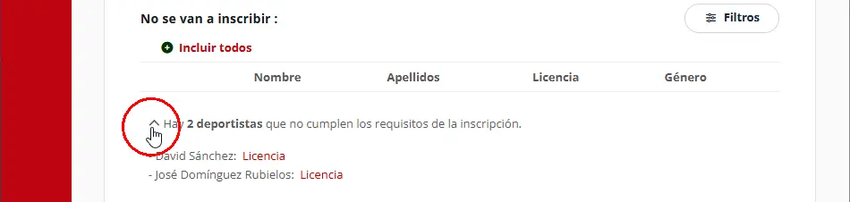 Requisitos para añadir un deportista al formulario de inscripción en una competición