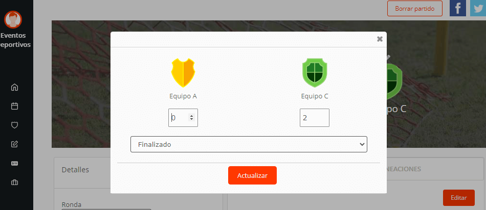 Resultado del partido - goles, puntos, sets