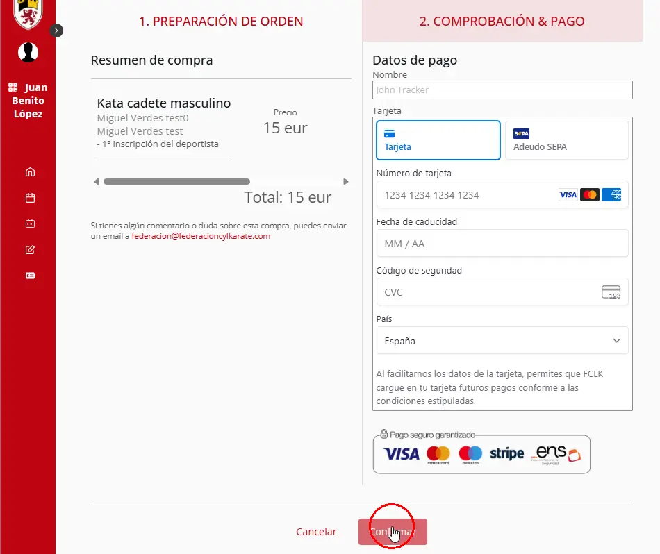 Resumen de compra con datos de pago para pagar online