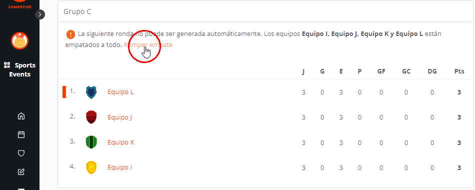 Romper un empate en la tabla de clasificaciones del torneo o liga