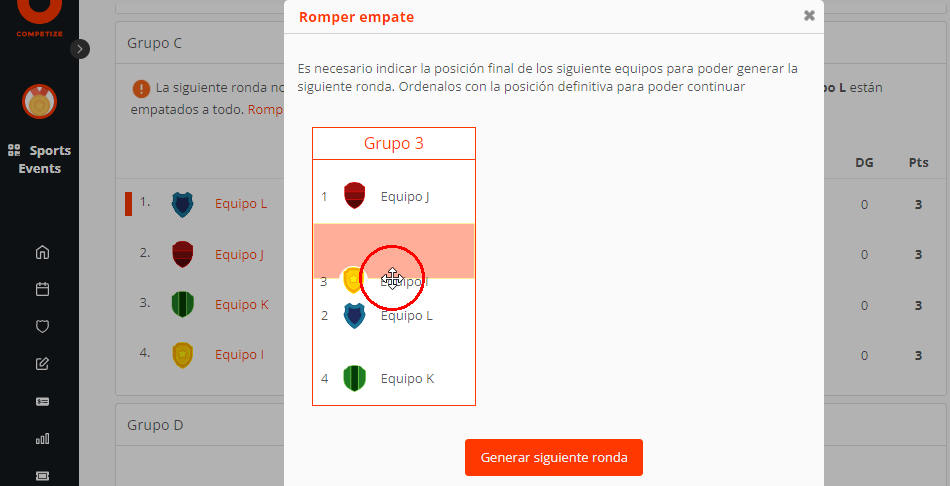 Romper un empate en la tabla de posiciones del torneo o liga