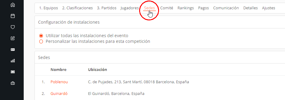 Sedes para crear el calendario de un torneo o liga