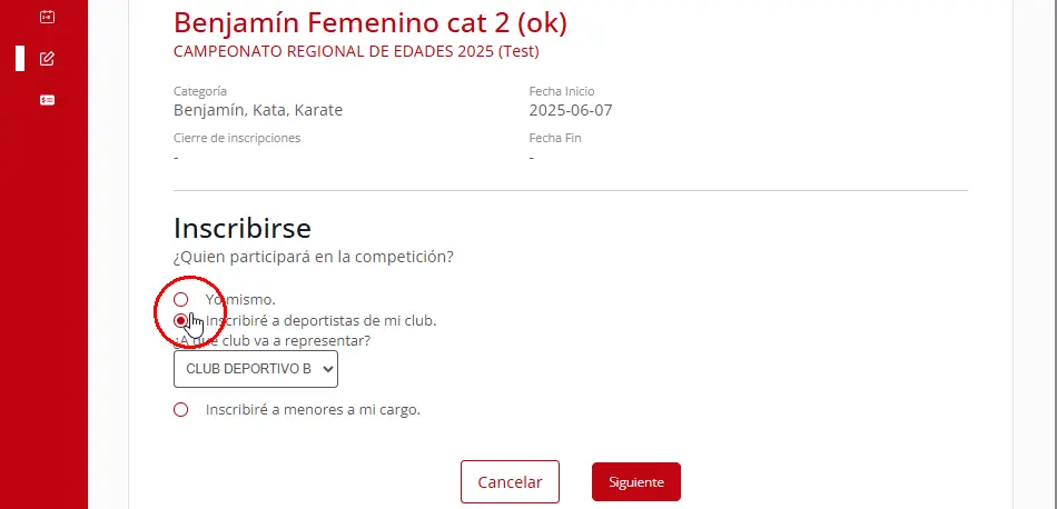 Seleccionar un club deportivo para inscribir deportistas