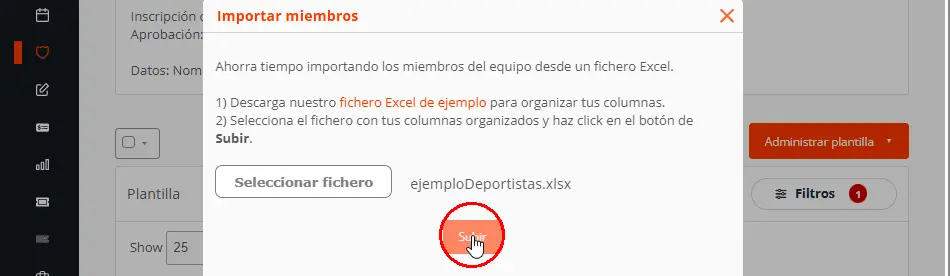 Subir deportistas a la plantilla de un equipo con Excel