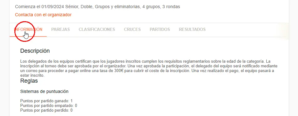 Vista pública del reglamento de un torneo o liga