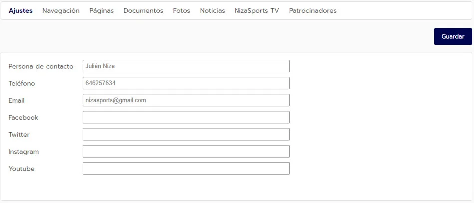 Settings of your personalised tournament and league website