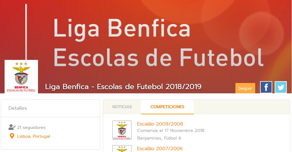 Benfica Escolas de futebol organizan sus torneos con programa y apps de Competize